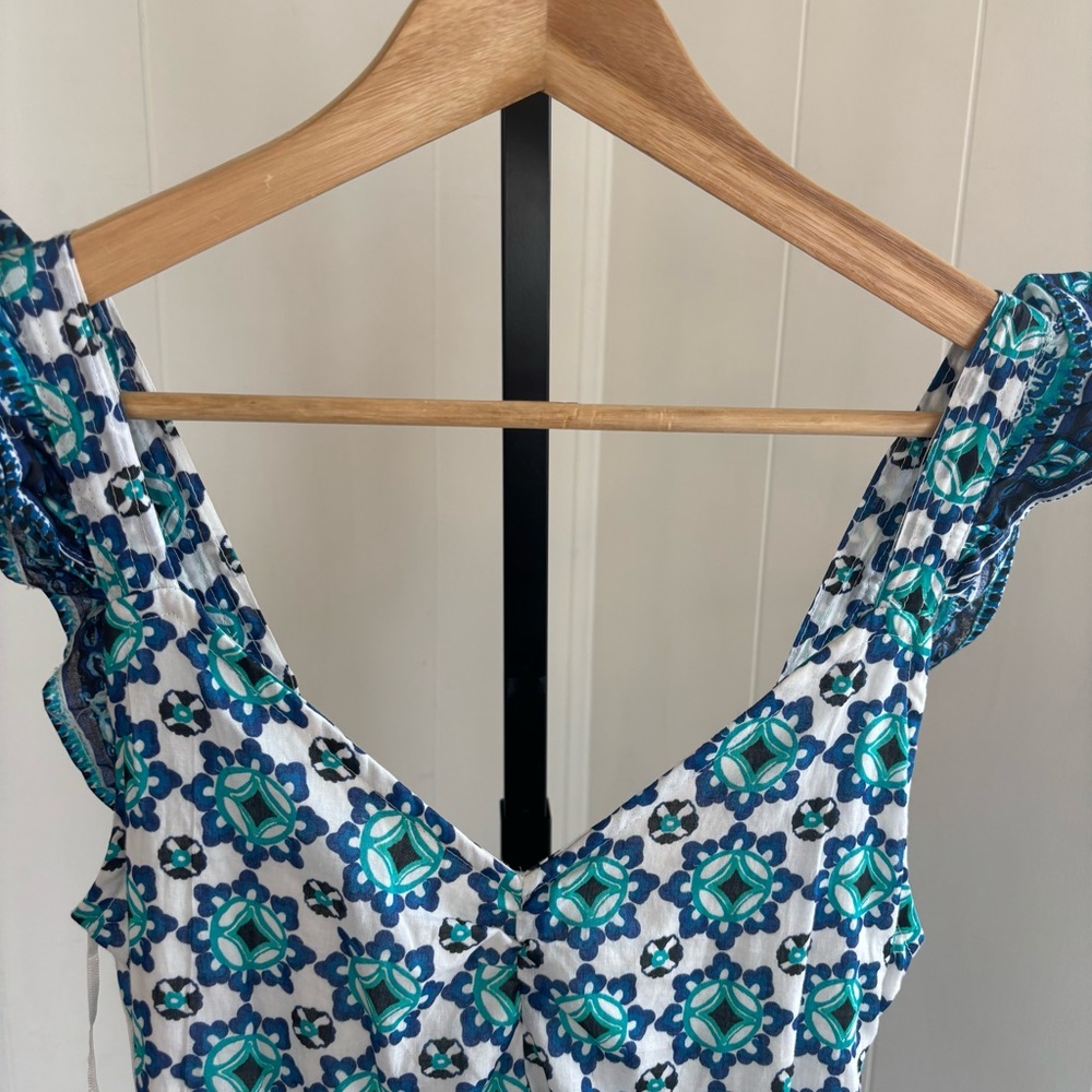 Lucky Brand Tiered Cotton Maxi Dress Blue Teal Spanish Tile Floral Womens XS NWT - Picture 2 of 10